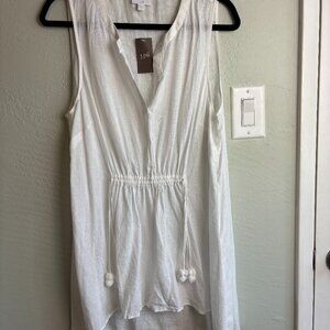 J.Jill White Linen Blend Sleeveless Tunic Top Pom Tassel Waist Drawstring L NWT